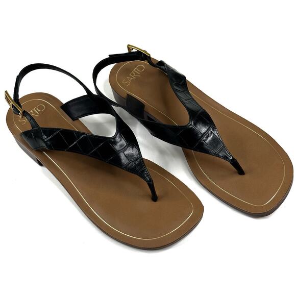 Franco Sarto Iris Womens Black Croco Leather Slingback Thong Sandals Size 9M New - Picture 1 of 10